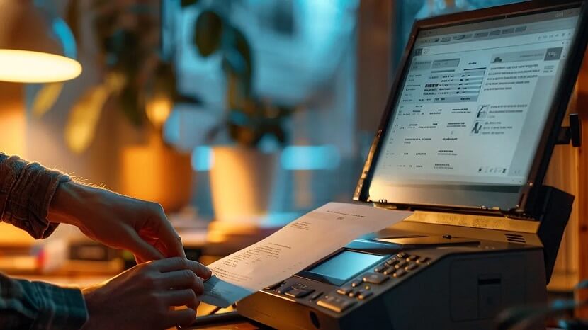A person prints a document from a computer, demonstrating the process of how to use fax API.